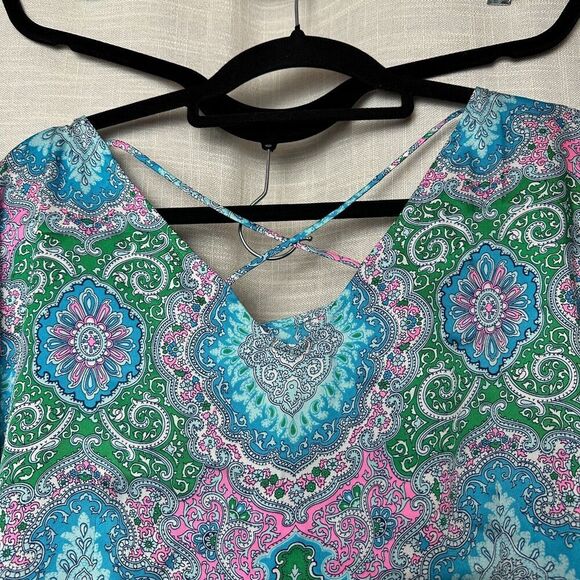 2/$30 Talbots Tunic Top Blouse Size 2X Colorful Boho Western Resortwear Satin - Picture 9 of 10